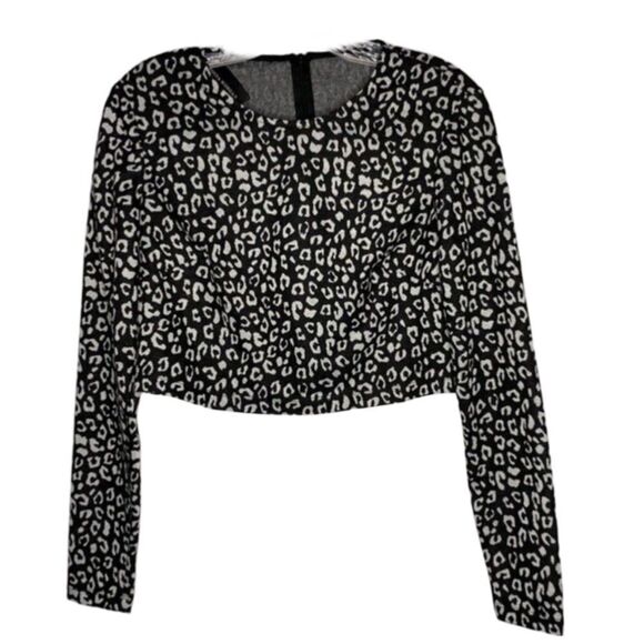 Donna Morgan Gray Black Long Sleeve Animal Leopard Cheetah Print Crop Top 6 - Picture 1 of 7